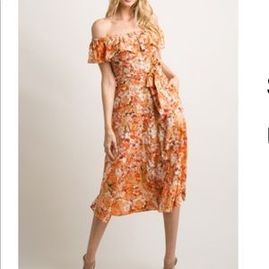 Orange floral off the shoulder dress